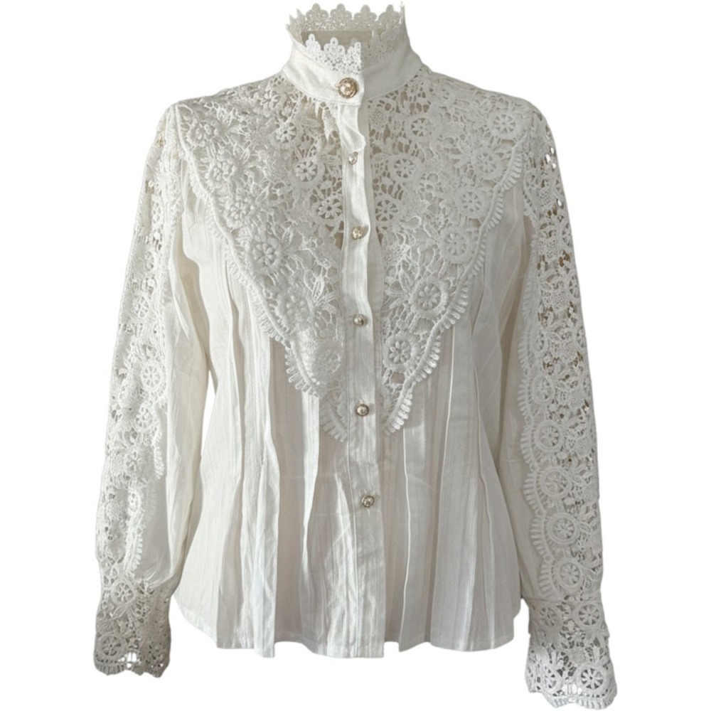 White Victorian Lace Blouse High Neck Pearl Button Eyelet Long Sleeve Top Medium
